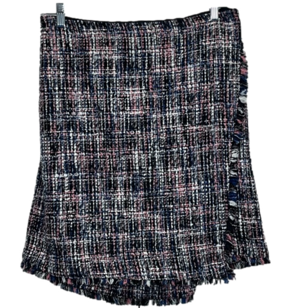 Textured skirt dark pattern fringe hemline skirt lined faux wrap Loft Plus skirt